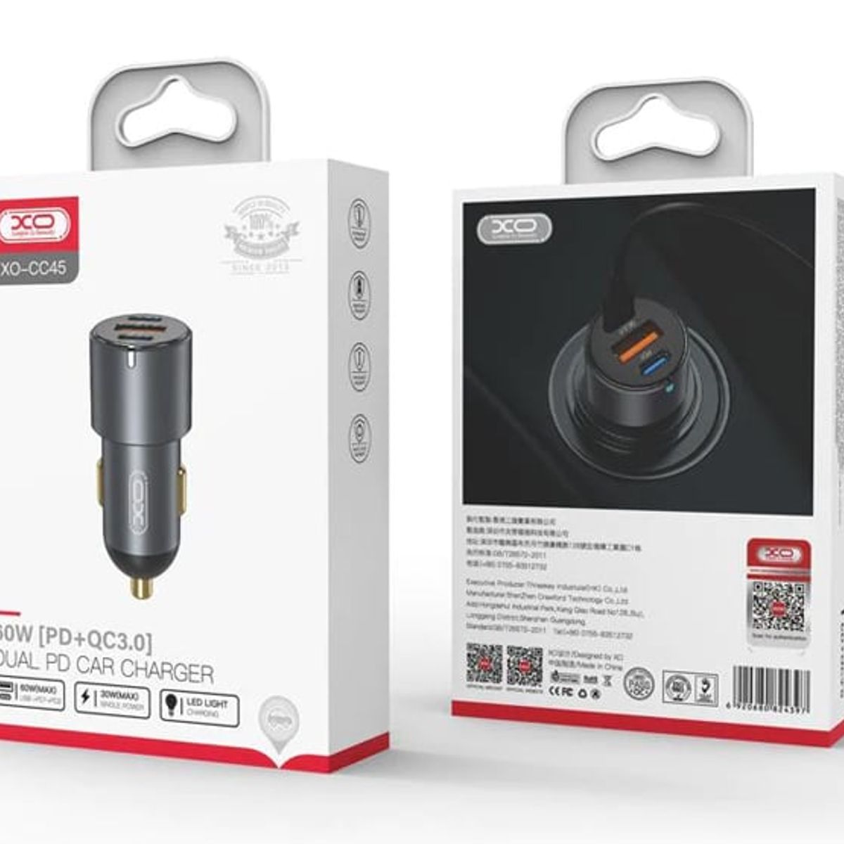 XO SIMPLE IS BEAUTY - Cargador De Auto XO CC45 PD 60W QC3.0 30W 1usb/2tipo-C Gris