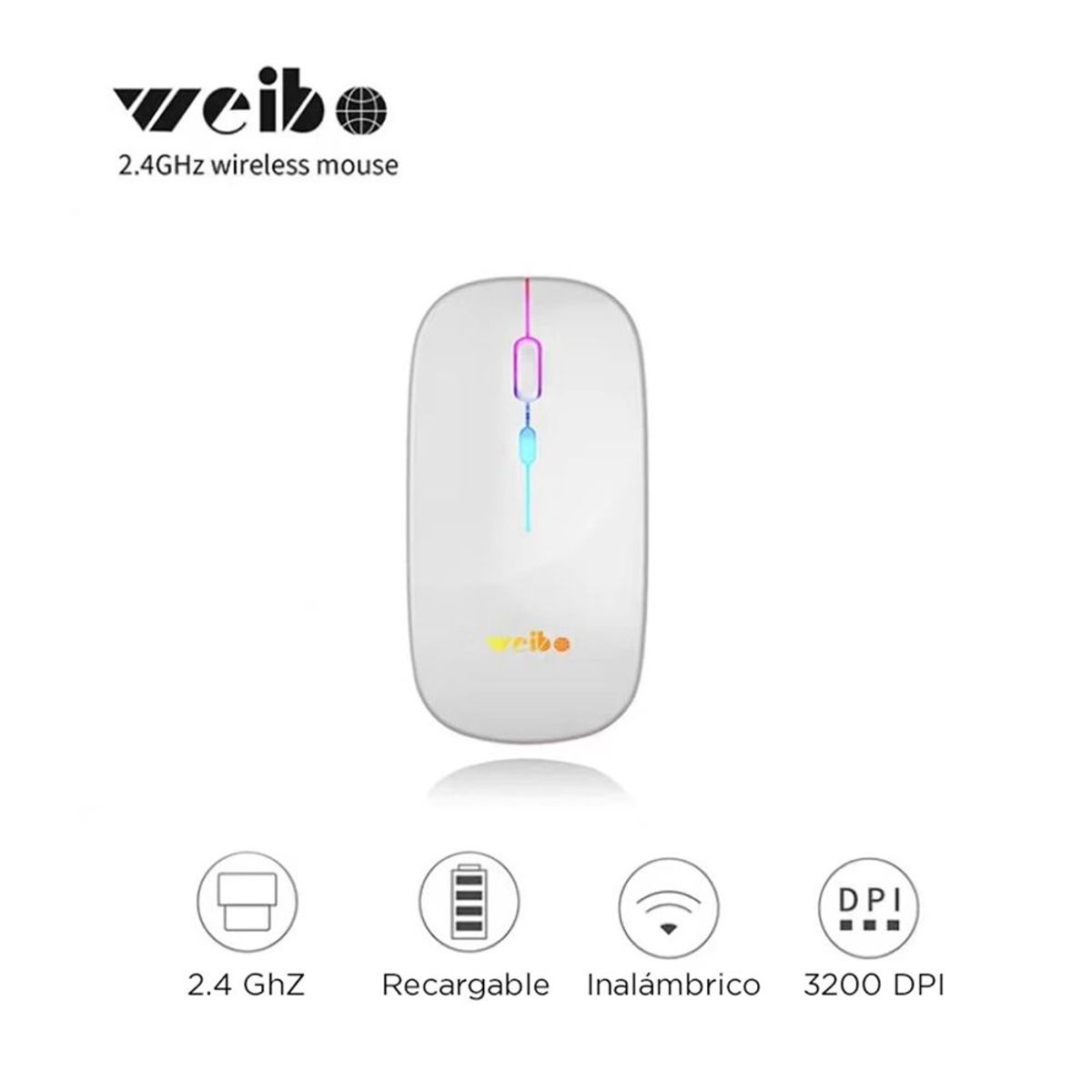 WEIBO - Mouse Inalámbrico 2.4 GHz USB Recargable con Luces Led RGB DPI 3200