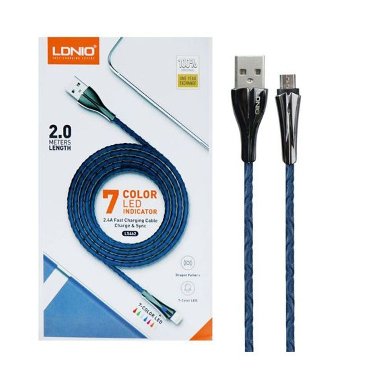 LDNIO - Cable LDNIO LS462 7 Color Led Indicador 2.4a Micro V8 2m Azul