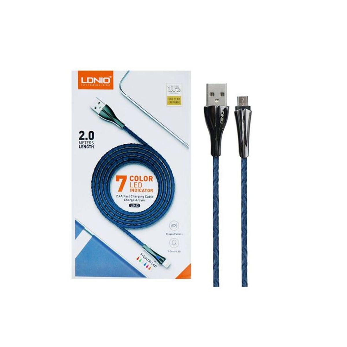 LDNIO - Cable LDNIO LS462 7 Color Led Indicador 2.4a Micro V8 2m Azul