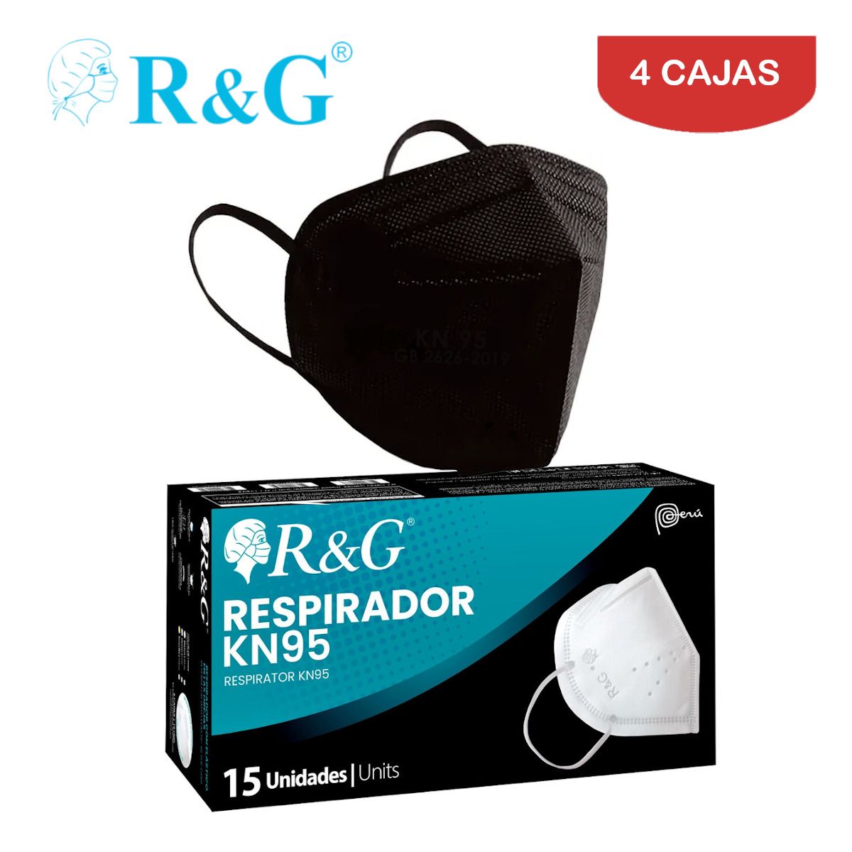 R&G - Respirador KN95 5 capas negro caja*15und R&G. Pack 4 cajas