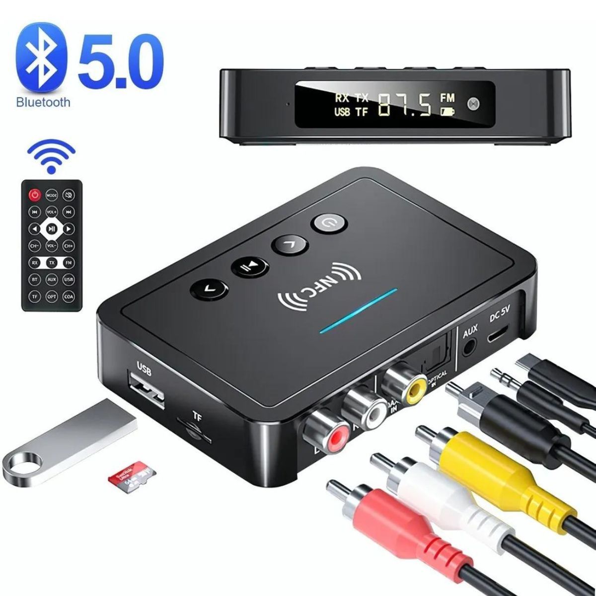 AUDIO SOLUTIONS - Bluetooth 5.0 Transmisor Receptor Audio Estéreo Led Fm Nfc