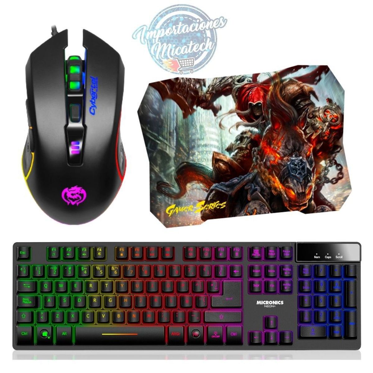 CYBERTEL - Kit Gamer 3 en 1: Teclado Micronics Semi Neon + Mouse Elektron + Pad