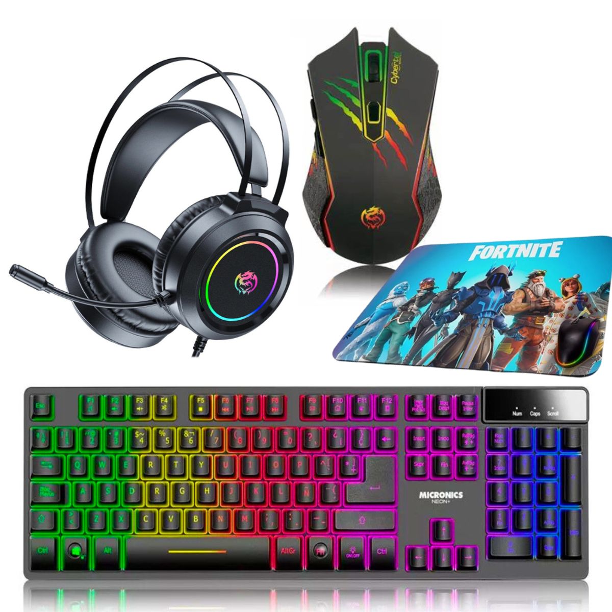 MICRONICS - Kit Gamer 4 en 1: Audifono +Teclado Semi Neón +Mouse Sniper + Pad
