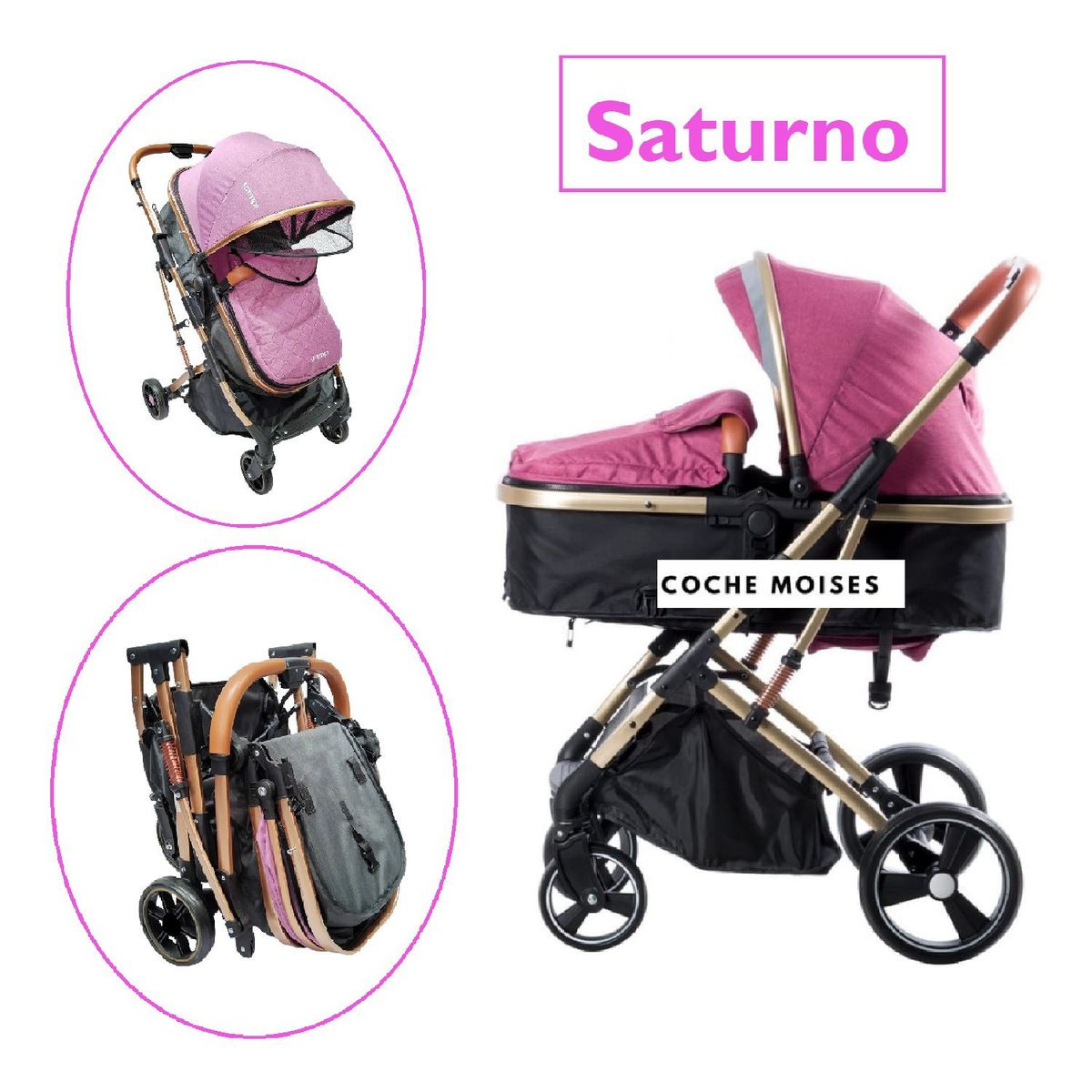 EBABY - Coche Moises Saturno Coche Moises Estilo Europeo  -Rosado