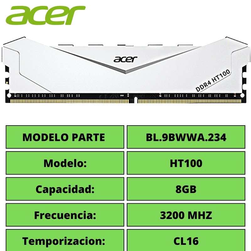 ACER - MEMORIA DDR4 ACER 8GB 3200MHZ HT100 BL9BWWA234  CL16