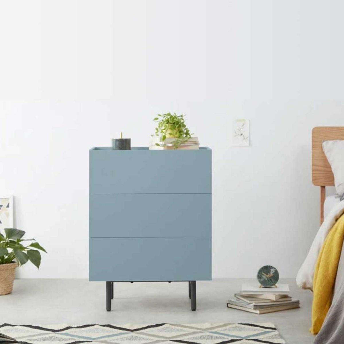 YOLODECORO - Cómoda 3 Cajones Mino Azul Cerceta y Roble
