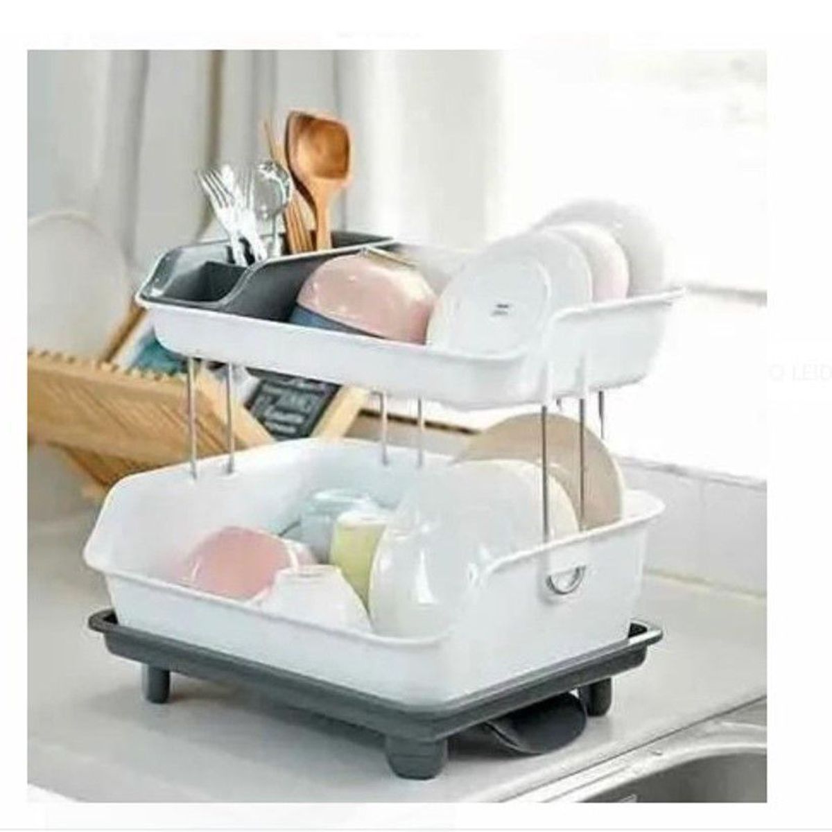 GENERICO - Escurridor de platos 2 niveles con drenaje  100% calidad GRIS