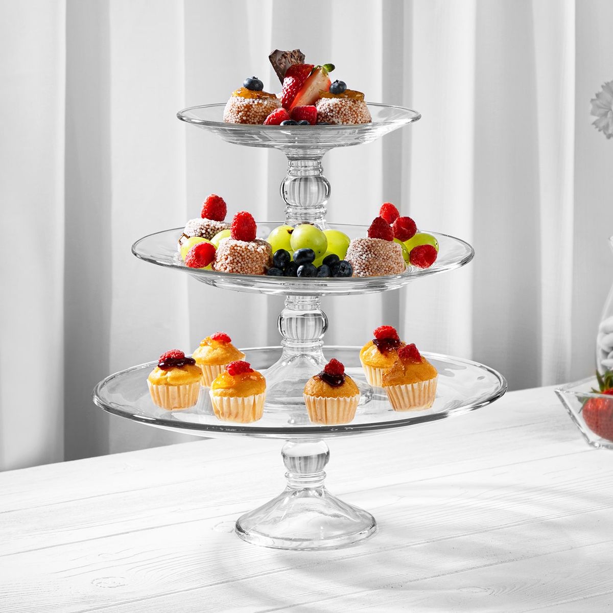 LIBBEY - Fuente de Vidrio con Pie de Tres Pisos Libbey Selene 3 Piezas