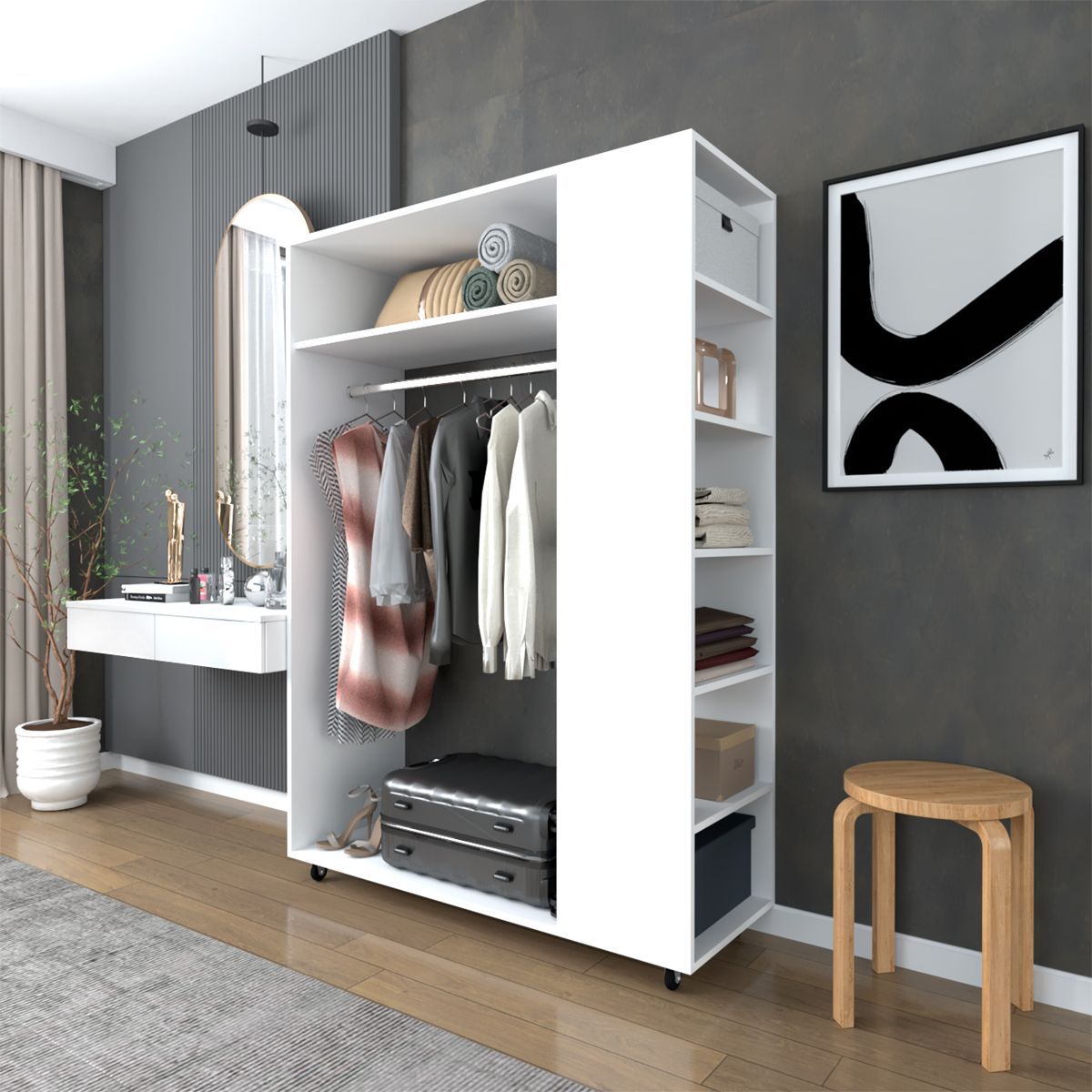 MOVENDA - Ropero Morelia 05 repisas con ruedas Blanco