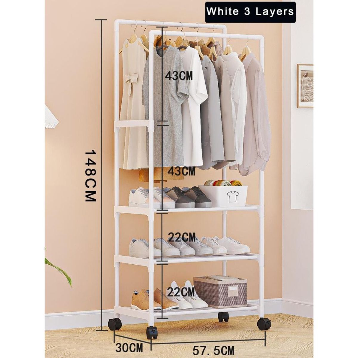 INSPIRA MARKET - Organizador estante 2 percheros con ruedas 3 niveles