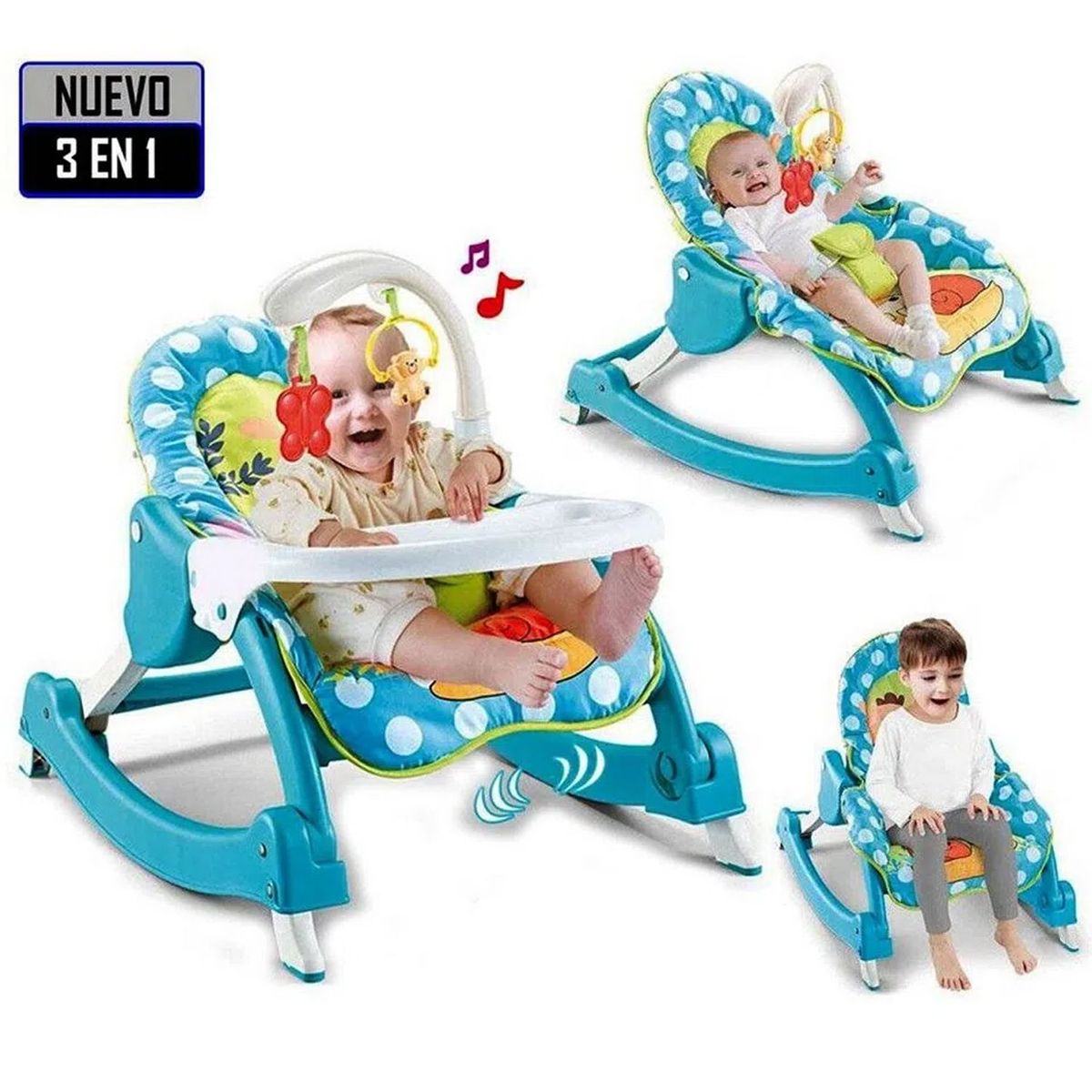 IDEAL - Silla de Comer Ideal Mecedora 3 en 1 Vibrador y Toys Azul