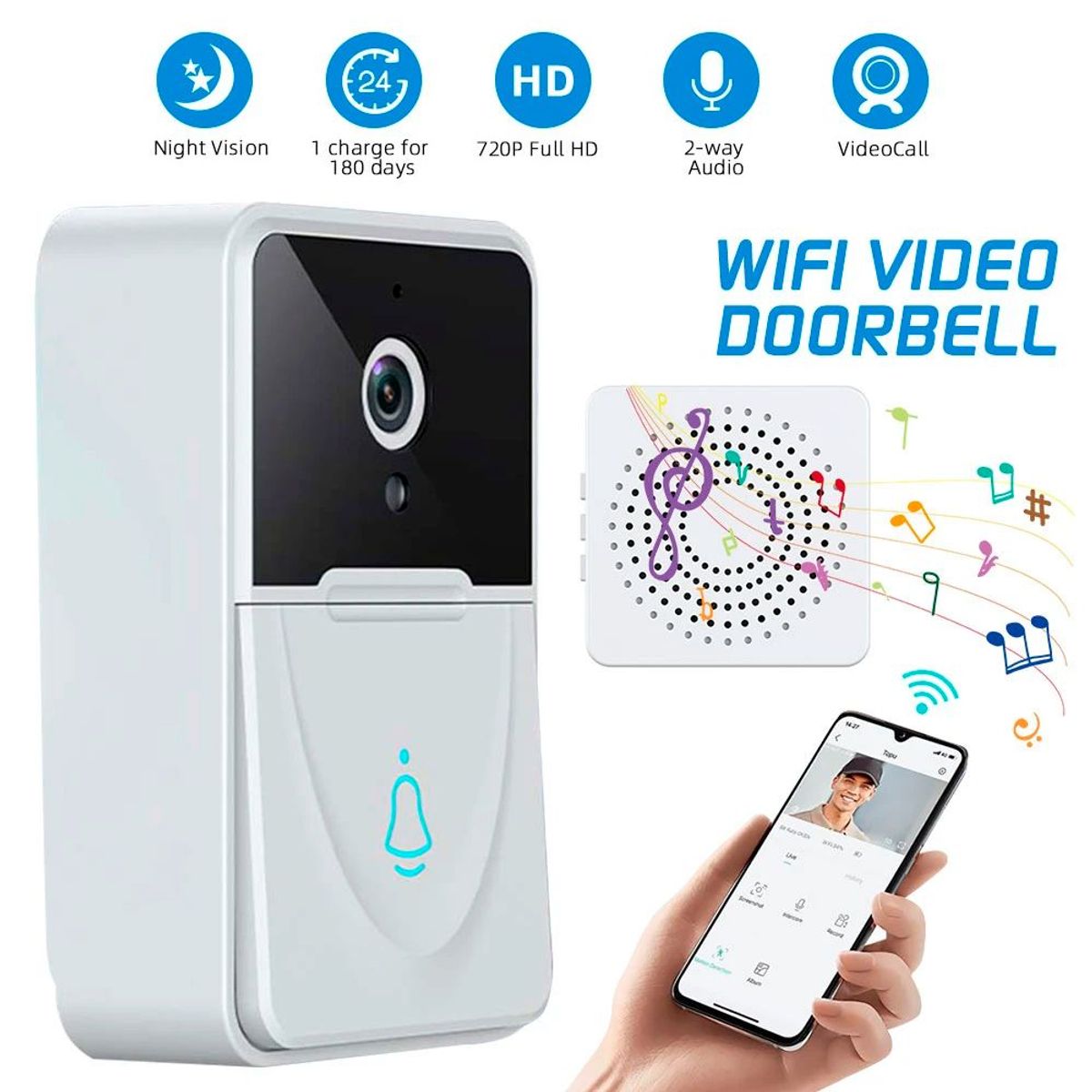 GENERICO - Camara Timbre Inalambrica Videoportero Mirilla web WIFI FULL HD Recargable