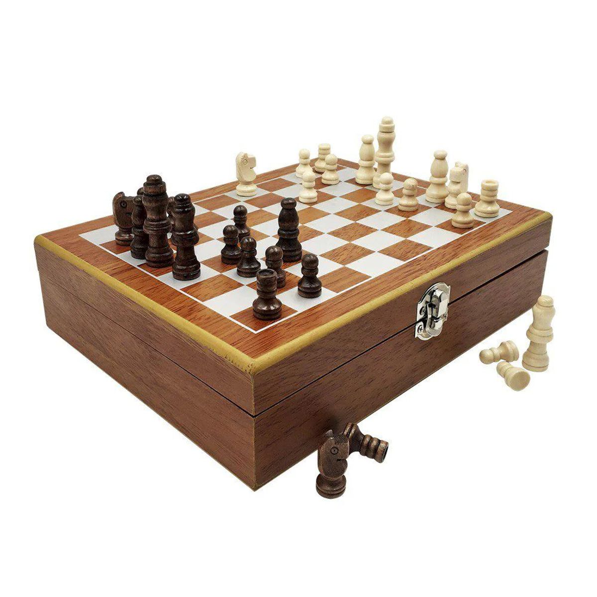 GENERICO - Set Caja con Tablero de  Ajedrez ,Vasos y Licorera de Acero Inoxidable