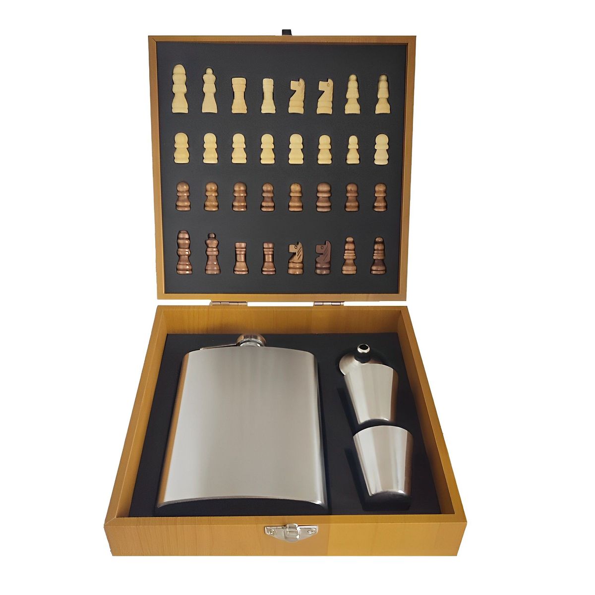 GENERICO - Set Caja con Tablero de  Ajedrez ,Vasos y Licorera de Acero Inoxidable