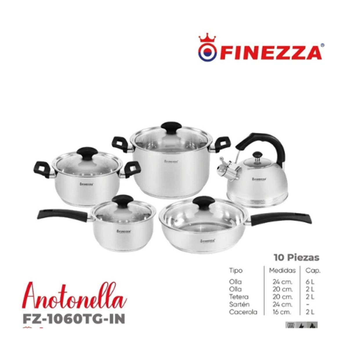 FINEZZA - Juego de Ollas FINEZZA de Acero Inoxidable 10 Piezas FZ-1060TG-IN