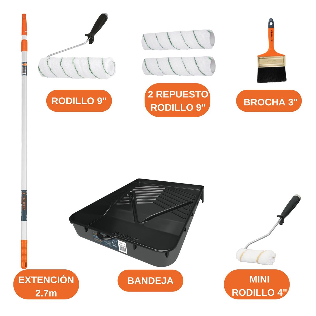 TRUPER - Combo Rodillo para pintar, extension paint Roller TRUPER  kit completo