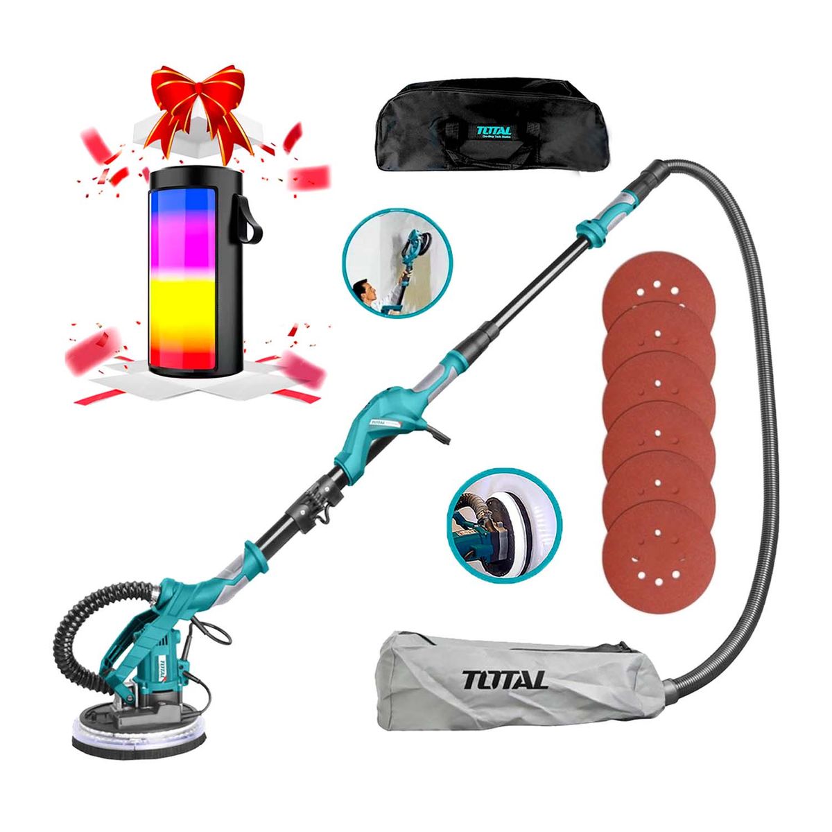 TOTAL TOOLS - LIJADORA DE PARED Y TECHO 1050W DRYWALL TOTAL + 6 LIJAS + PARLANTE