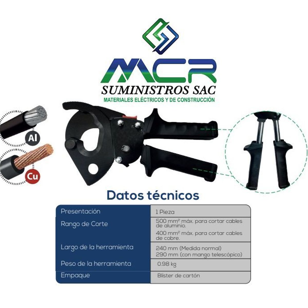 GENERICO - CORTADOR DE CABLE TIPO RACHERT HASTA 500MM2