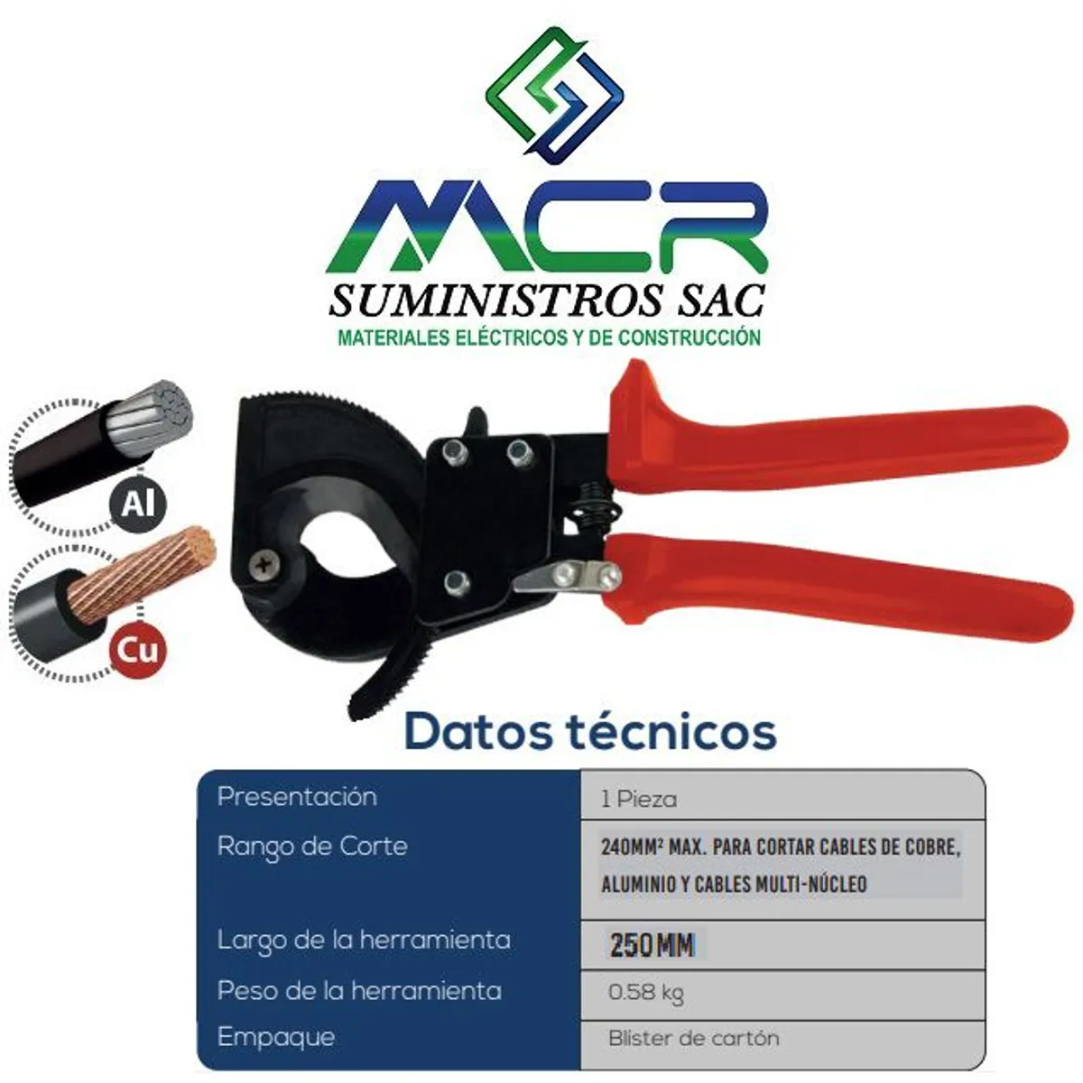 GENERICO - CORTADOR DE CABLE DE COBRE TIPO RACHERT HASTA 240MM2