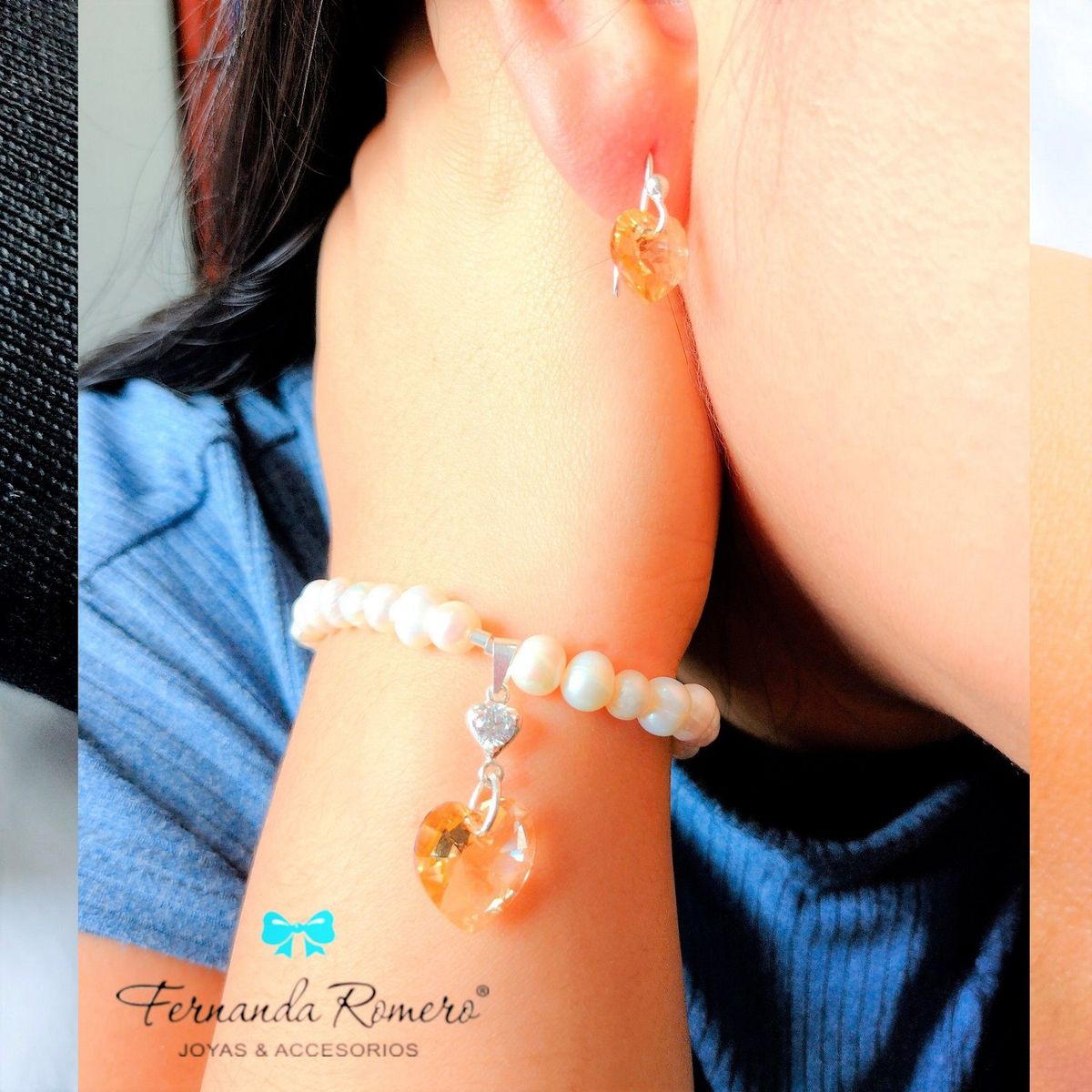 FERNANDA ROMERO JOYAS Y ACCESORIOS - Juego Pulsera  Aretes de Cristal con Perlas de Rio y plata