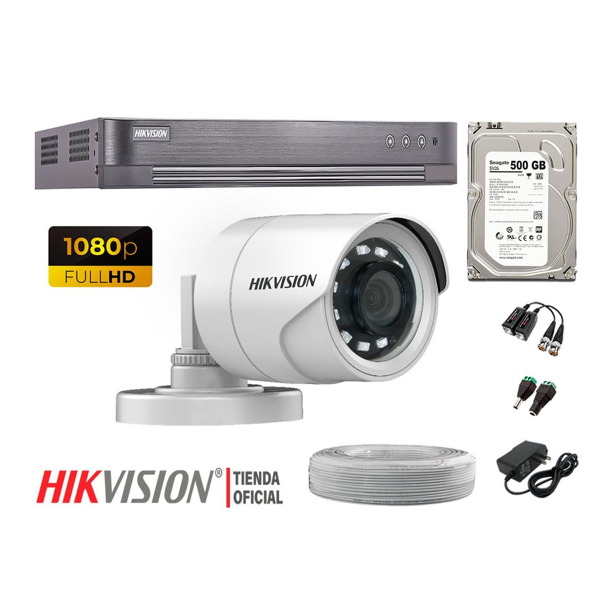 HIKVISION - Kit 1 Cámara Seguridad Full Hd 1080P + Disco 500Gb Completo