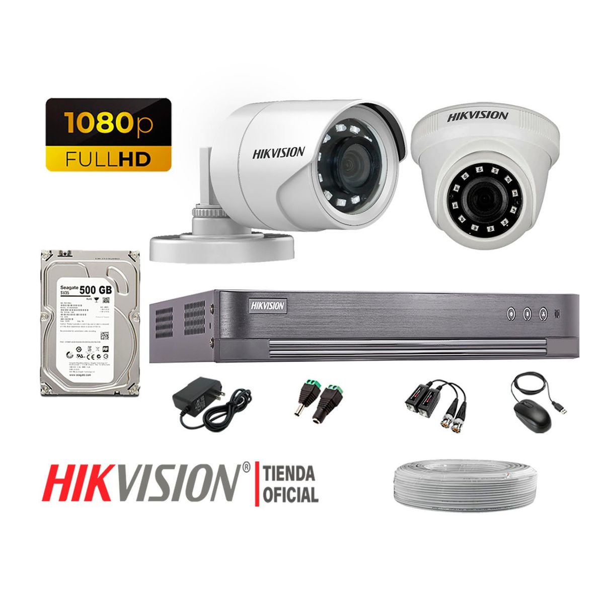 HIKVISION - Kit 2 Cámaras Seguridad Full Hd 1080P + Disco 500Gb Completo
