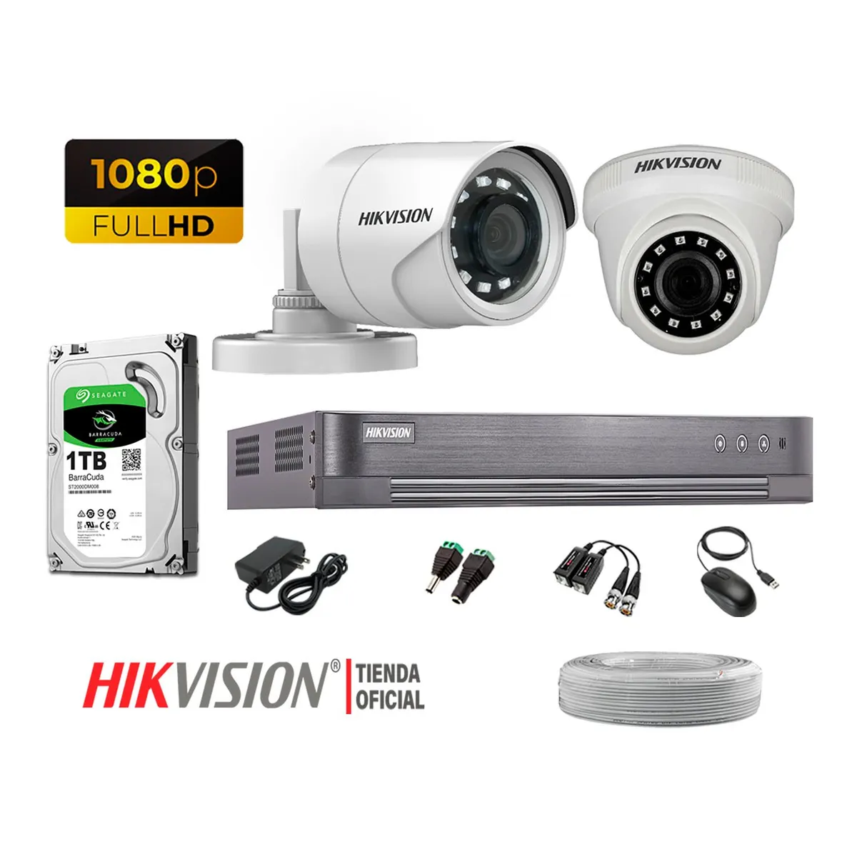 HIKVISION - Kit 2 Cámaras Seguridad Full Hd 1080P + Disco 1Tb Completo