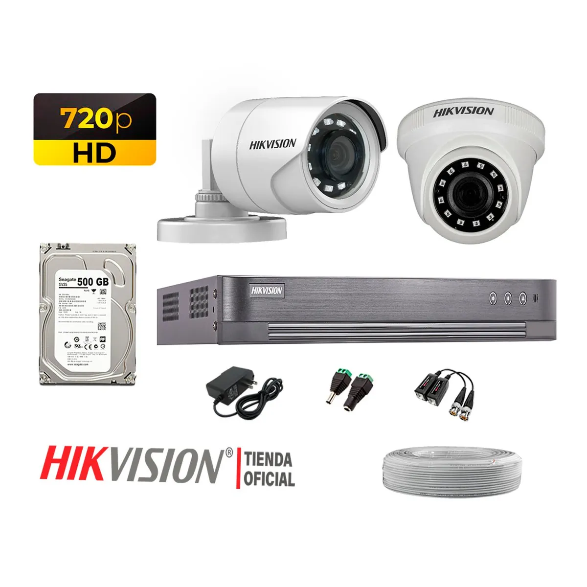 HIKVISION - Kit 2 Cámaras Seguridad Hd 720P + Disco 500Gb Completo P2P