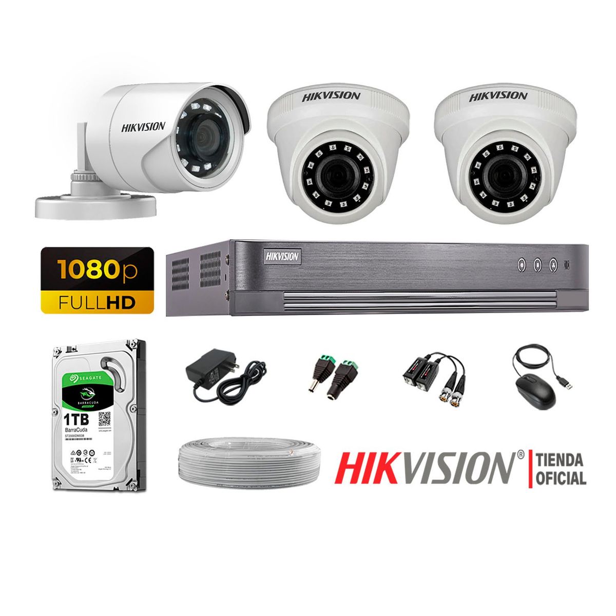 HIKVISION - Kit 3 Cámaras Seguridad Full Hd 1080P + Disco 1Tb Completo
