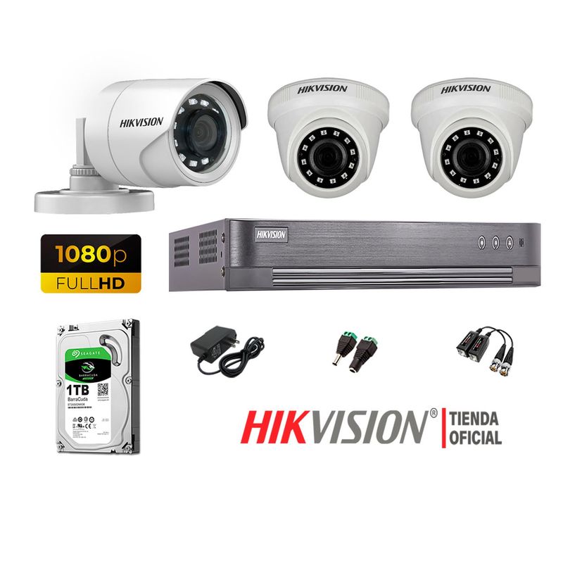 HIKVISION - Kit 3 Cámaras Seguridad Full Hd 1080P + Disco 1Tb Oferta P2P
