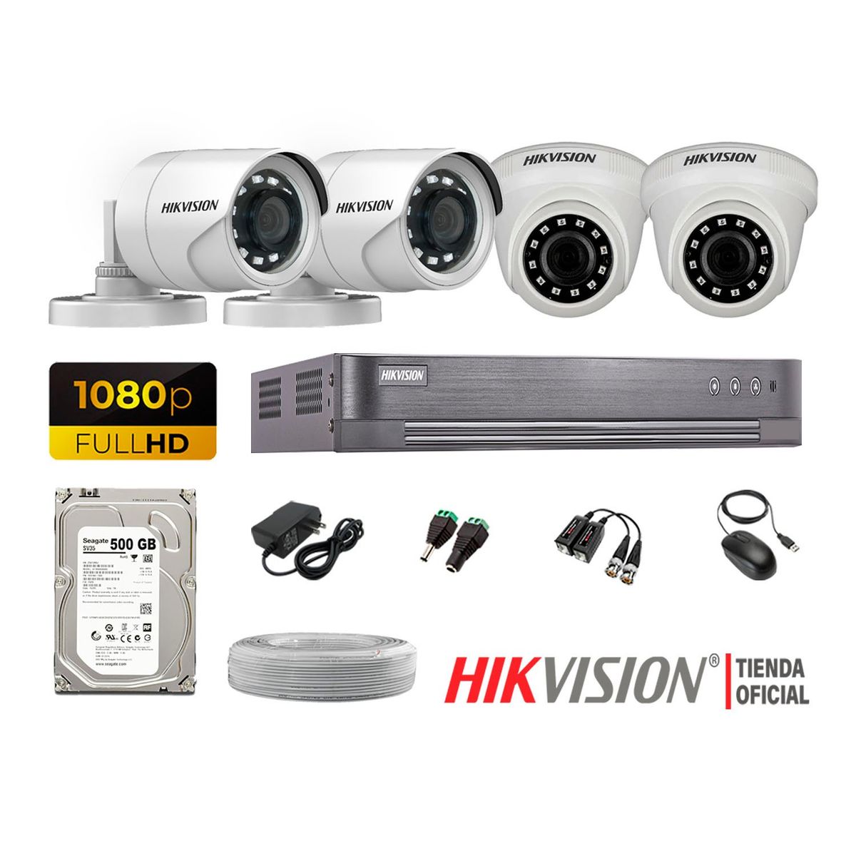 HIKVISION - Kit 4 Cámaras Seguridad Full Hd 1080P + Disco 500Gb Completo