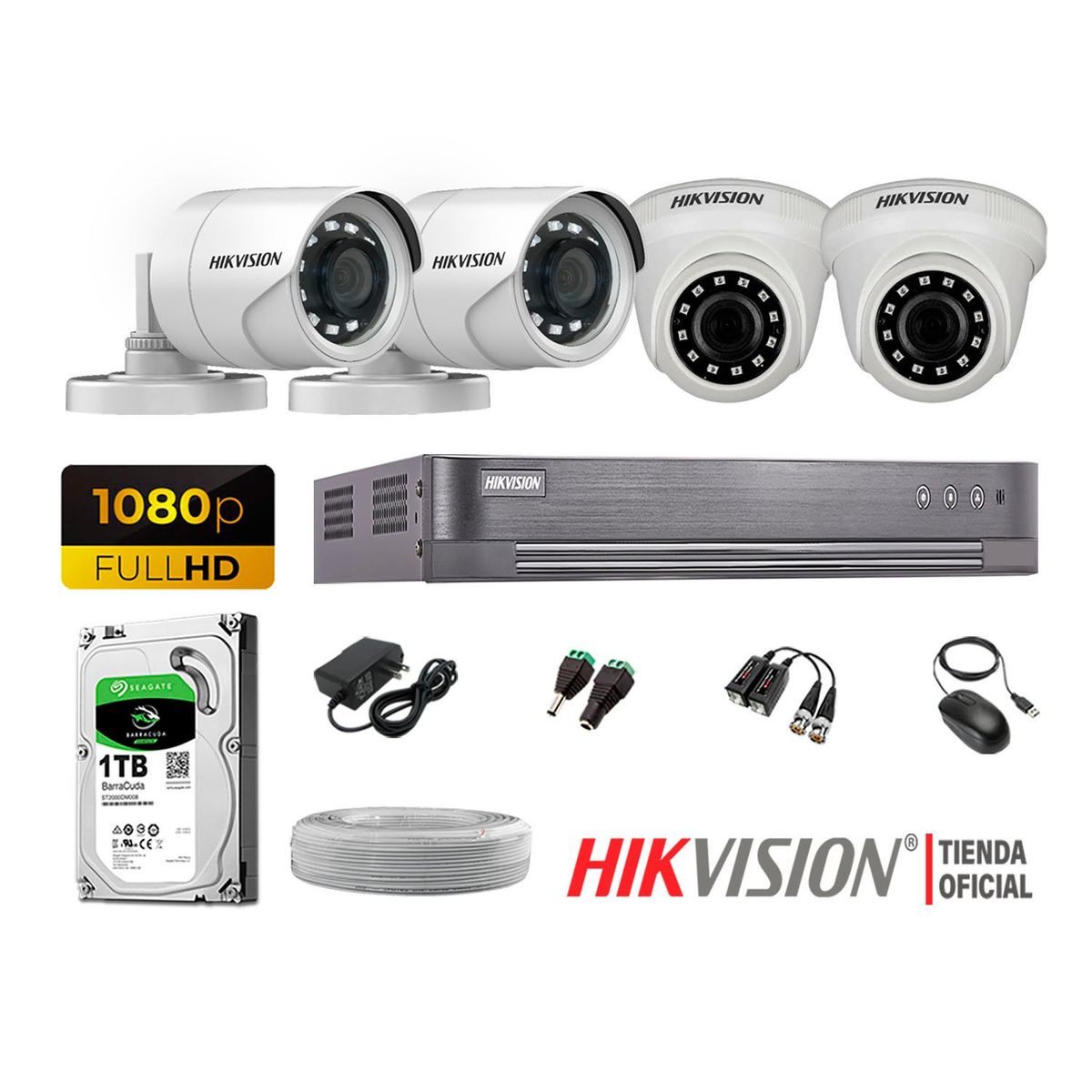 HIKVISION - Kit 4 Cámaras Seguridad Full Hd 1080P + Disco 1Tb Completo
