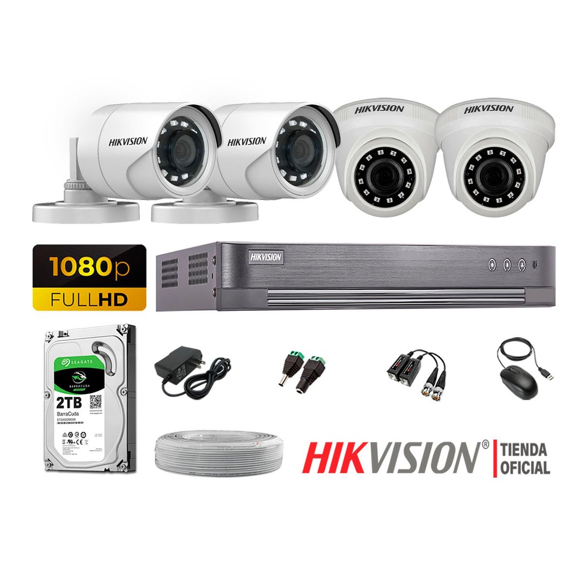 HIKVISION - Kit 4 Cámaras Seguridad Full Hd 1080P + Disco 2Tb Completo
