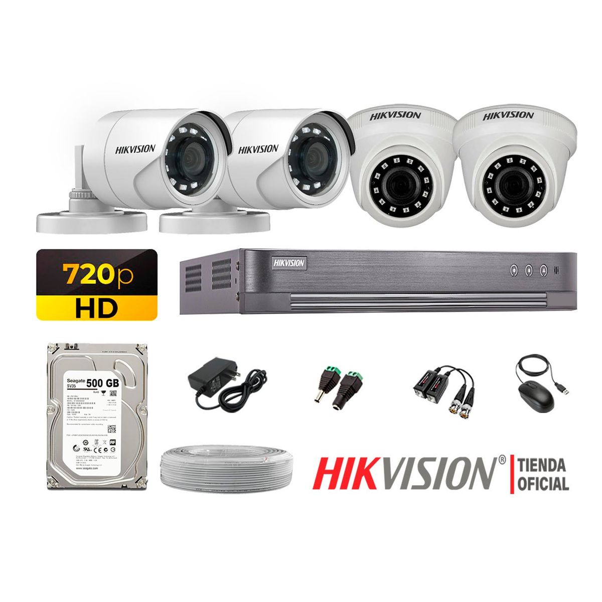 Hikvision - Kit 4 Cámaras Seguridad Hd 720P + Disco 500Gb Completo P2P