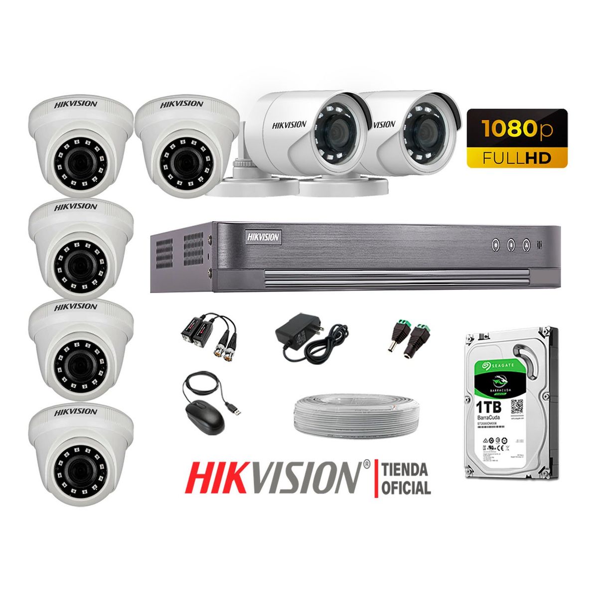 HIKVISION - Kit 7 Cámaras Seguridad Full Hd 1080P + Disco 1Tb Completo