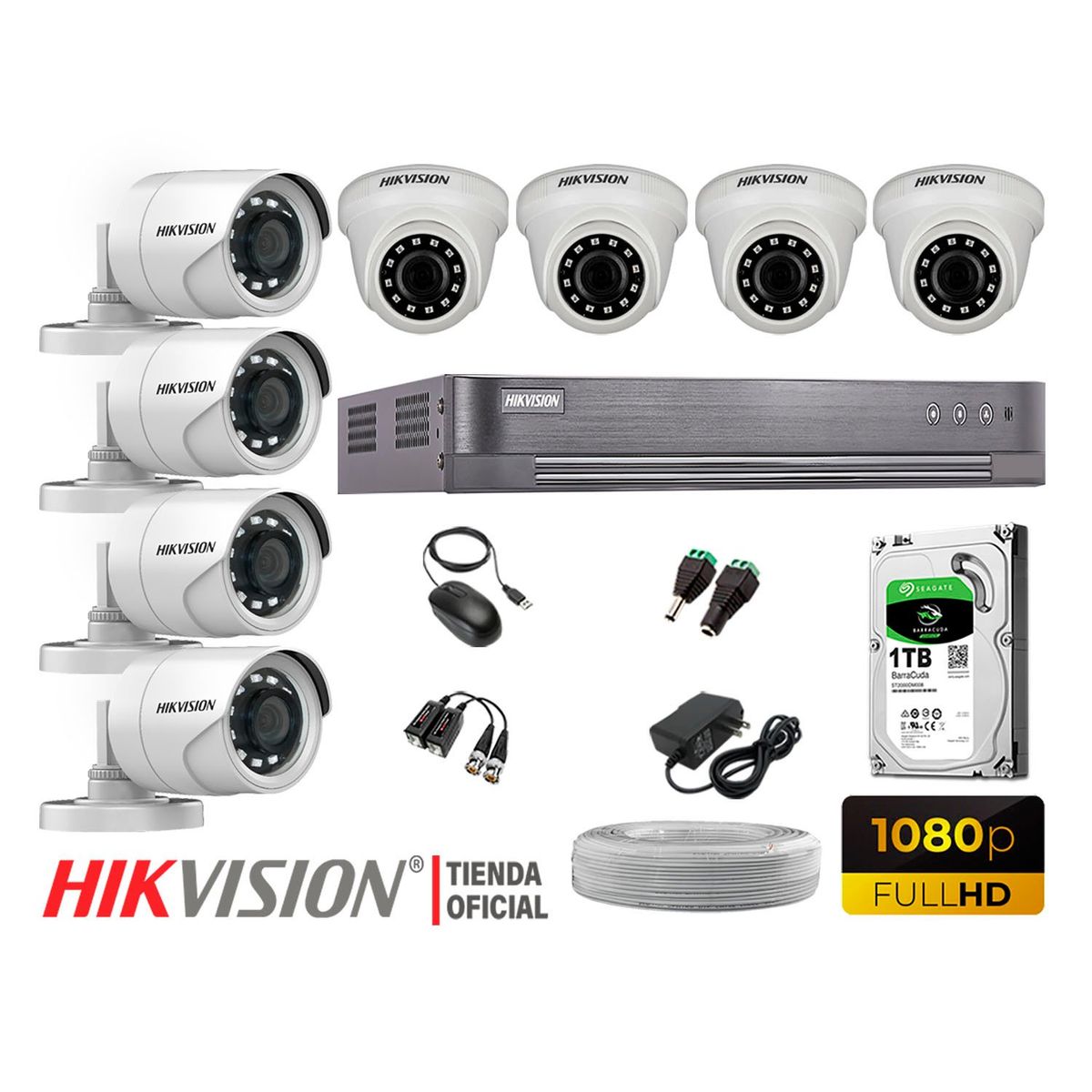 HIKVISION - Kit 8 Cámaras Seguridad Full Hd 1080P + Disco 1Tb Completo