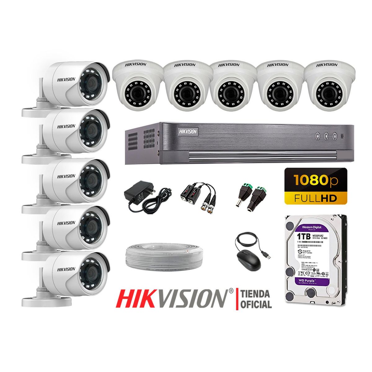 HIKVISION - Kit 10 Cámaras Seguridad Full Hd 1080P + Disco 1Tb Completo