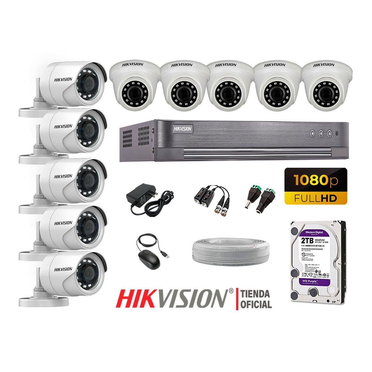 HIKVISION - Kit 10 Cámaras Seguridad Full Hd 1080P + Disco 2Tb Completo