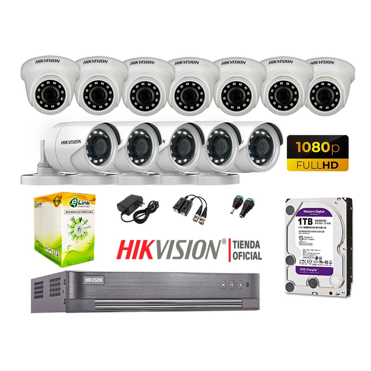 HIKVISION - Kit 12 Cámaras Seguridad Full Hd 1080P + Disco 1Tb Completo