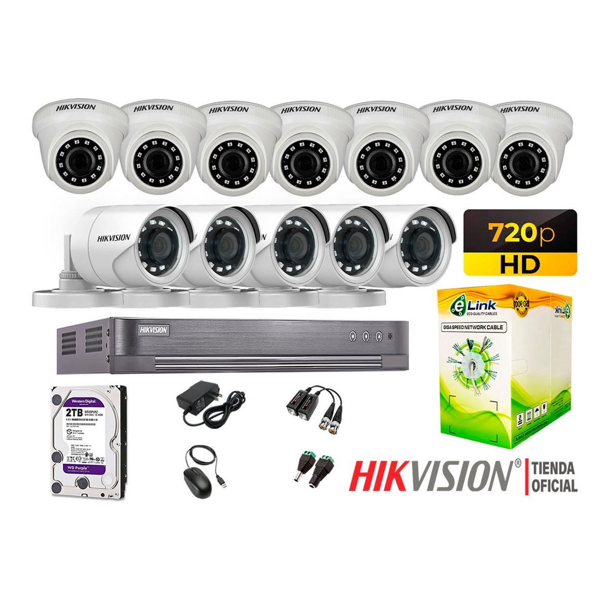 HIKVISION - Kit 12 Cámaras Seguridad Hd 720P + Disco 2Tb Completo P2P