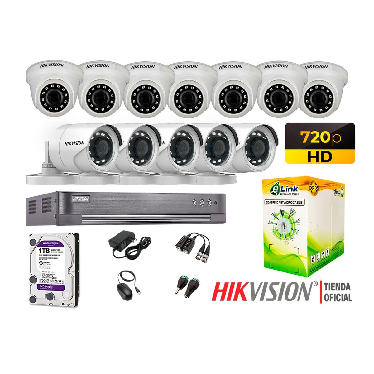 HIKVISION - Kit 12 Cámaras Seguridad Hd 720P + Disco 1Tb Completo P2P