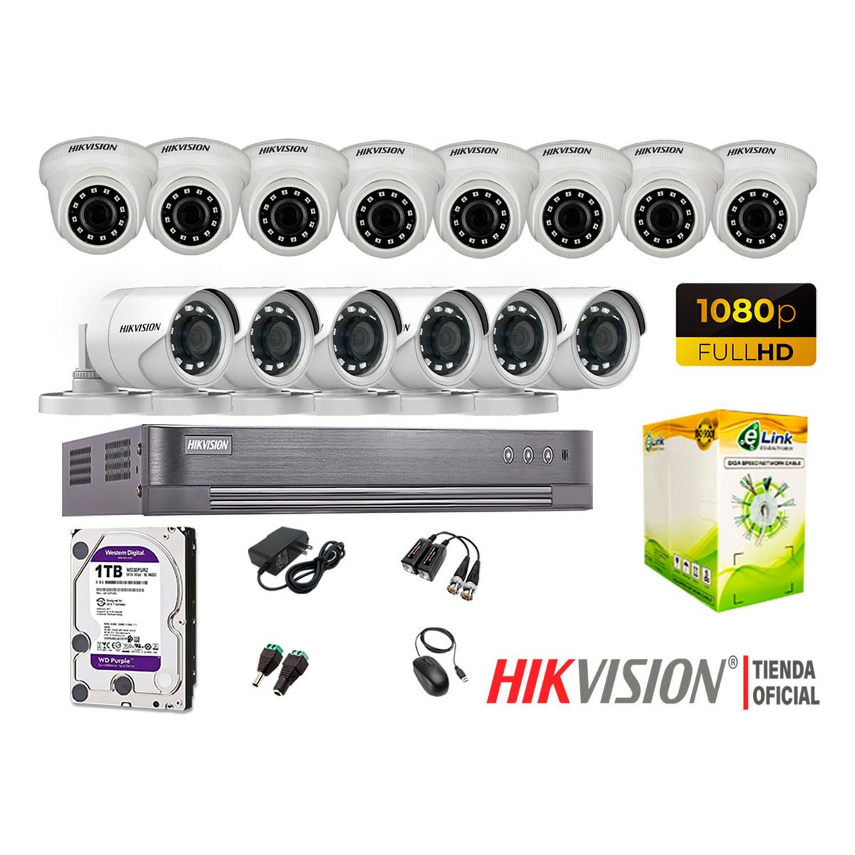 HIKVISION - Kit 14 Cámaras Seguridad Full Hd 1080P + Disco 1Tb Completo