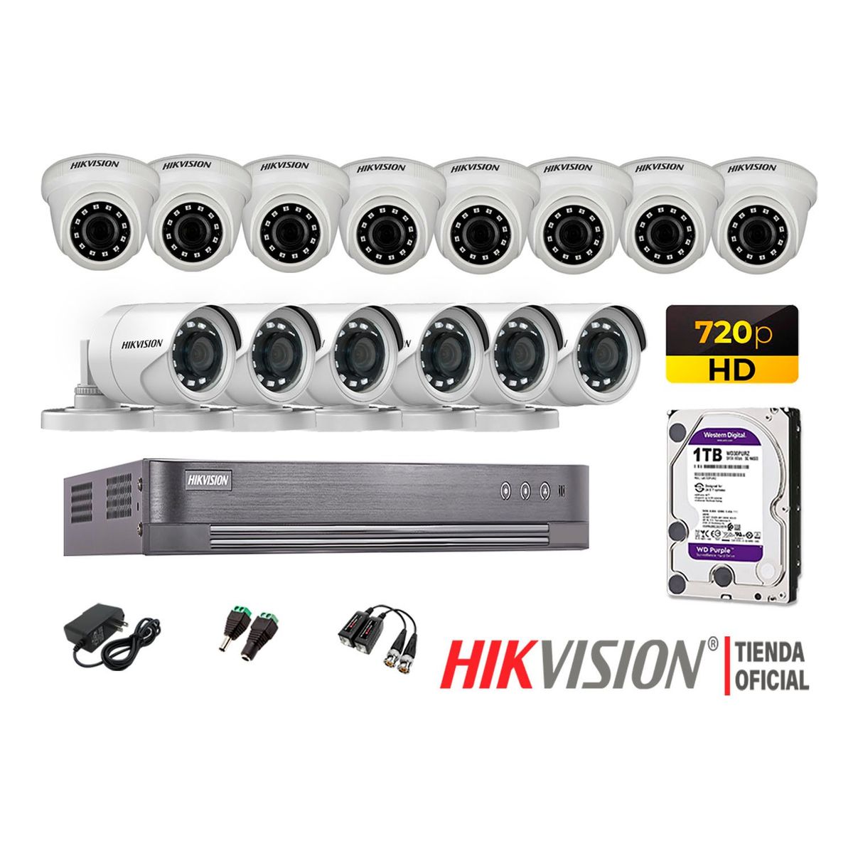 HIKVISION - Kit 14 Cámaras Seguridad Hd 720P + Disco 1Tb Oferta P2P Hdmi