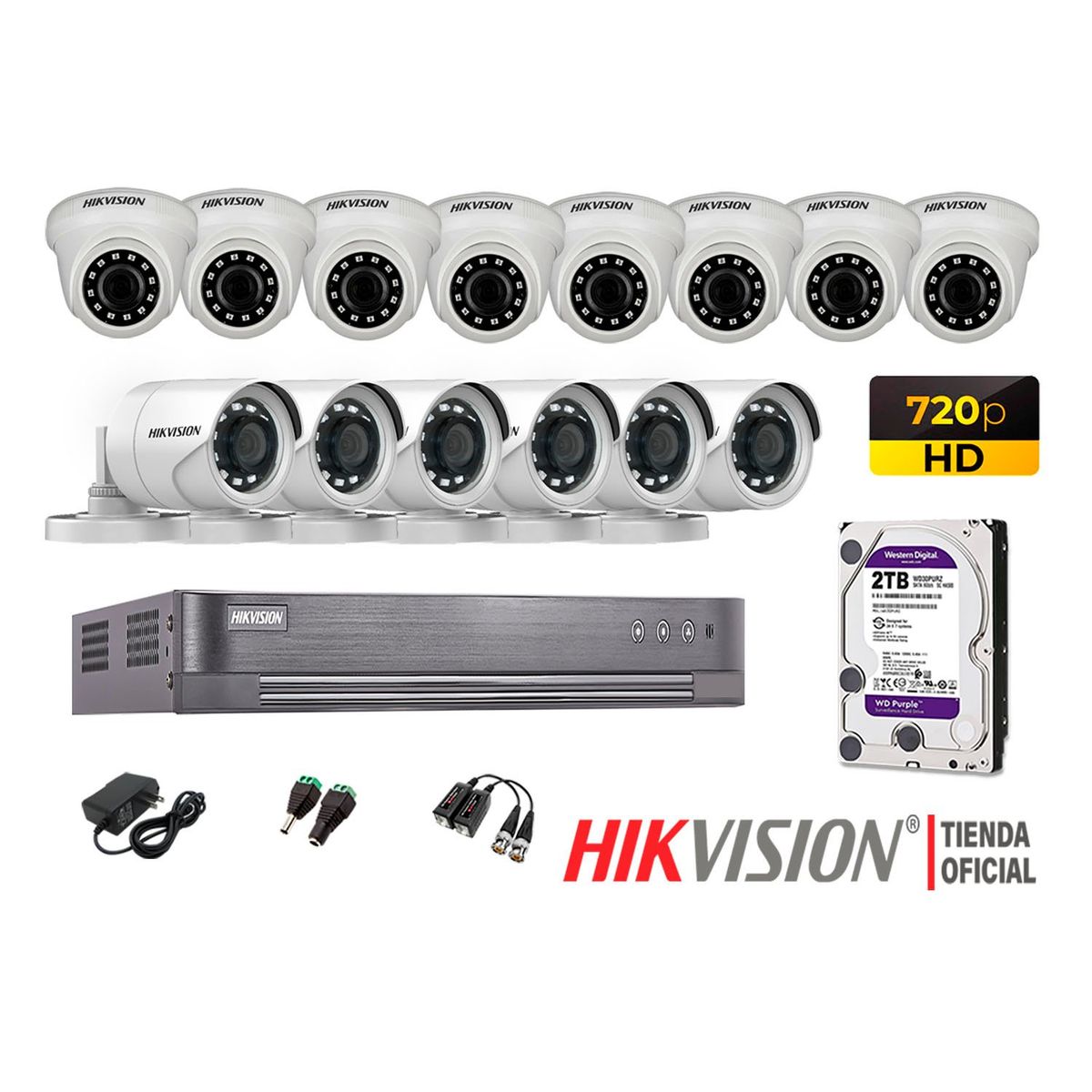 HIKVISION - Kit 14 Cámaras Seguridad Hd 720P + Disco 2Tb Oferta P2P Hdmi