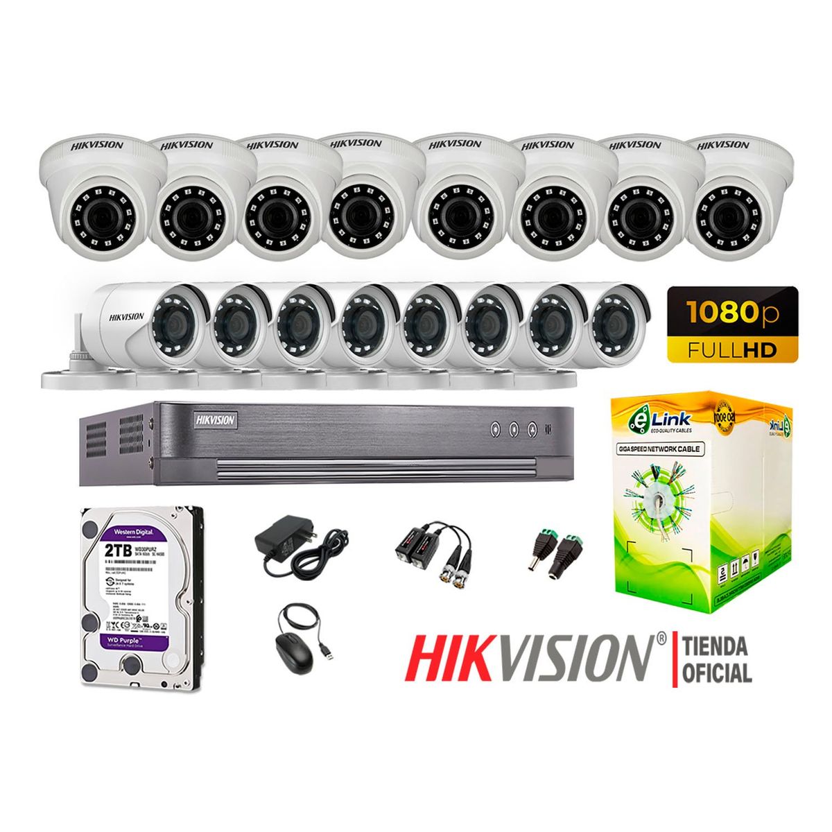HIKVISION - Kit 16 Cámaras Seguridad Full Hd 1080P + Disco 2Tb Completo