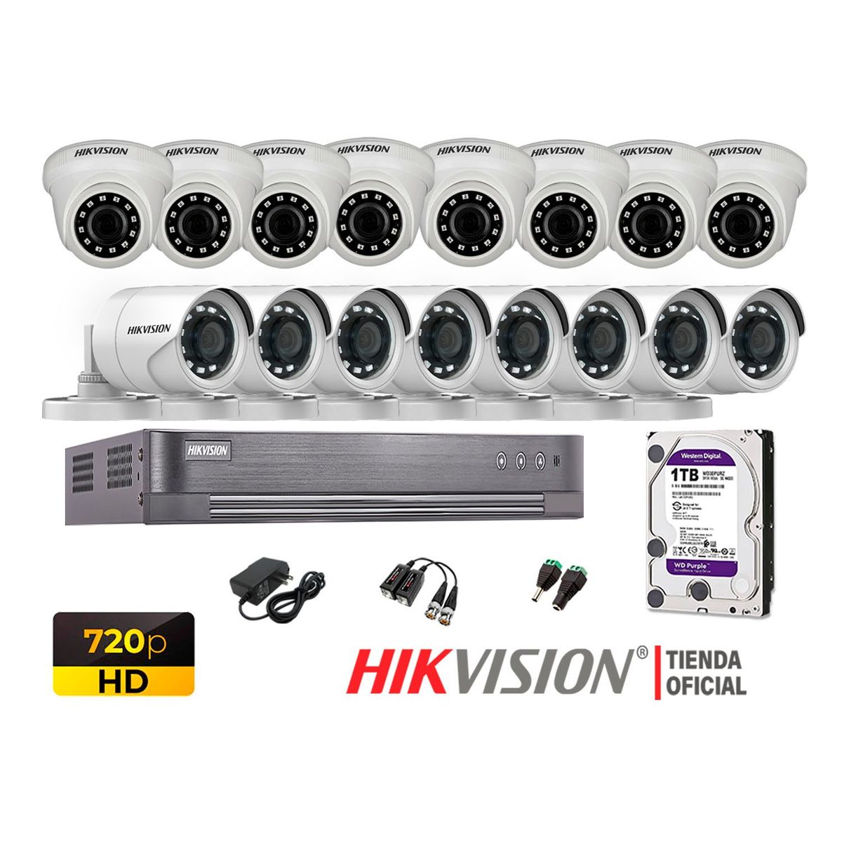 HIKVISION - Kit 16 Cámaras Seguridad Hd 720P + Disco 1Tb Oferta P2P Hdmi