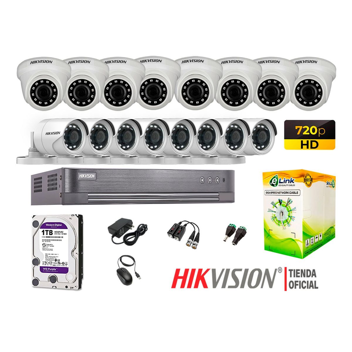 HIKVISION - Kit 16 Cámaras Seguridad Hd 720P + Disco 1Tb Completo P2P