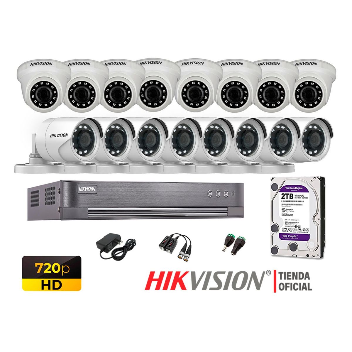 HIKVISION - Kit 16 Cámaras Seguridad Hd 720P + Disco 2Tb Oferta P2P Hdmi