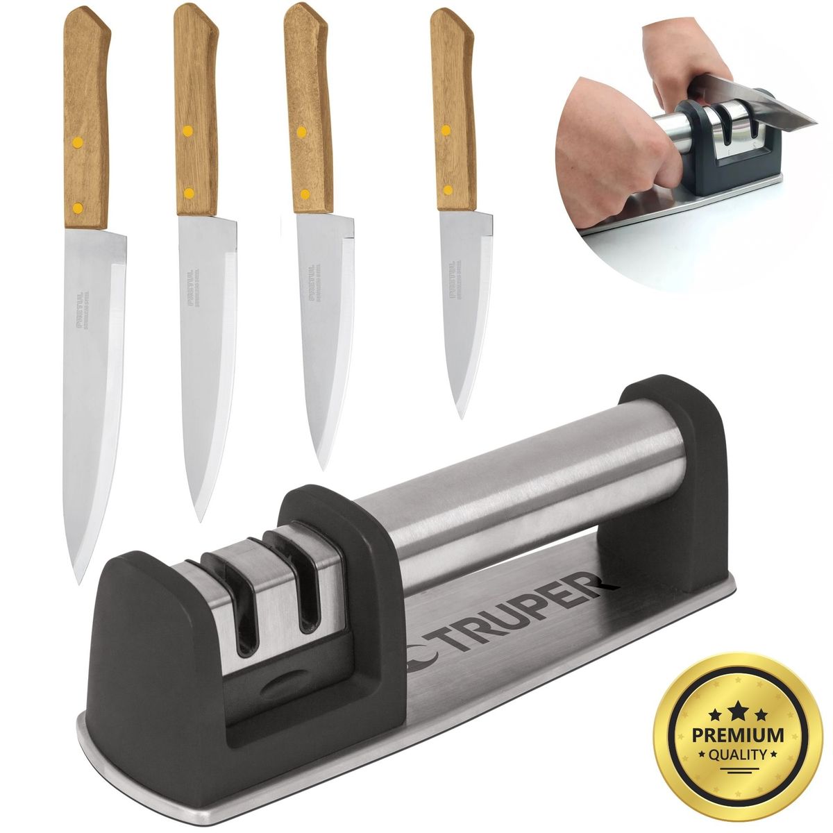 PRETUL - Combo Cuchillo de chef 4 Und, Afilador de cuchillo acero inoxidable